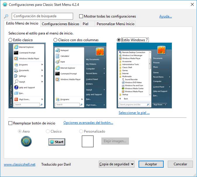Menu configuración classic shell menu.