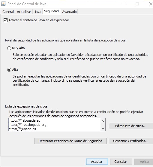 Panel de control de java