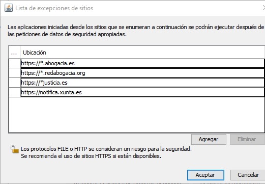lista de excepciones de sitios en java para lexnet