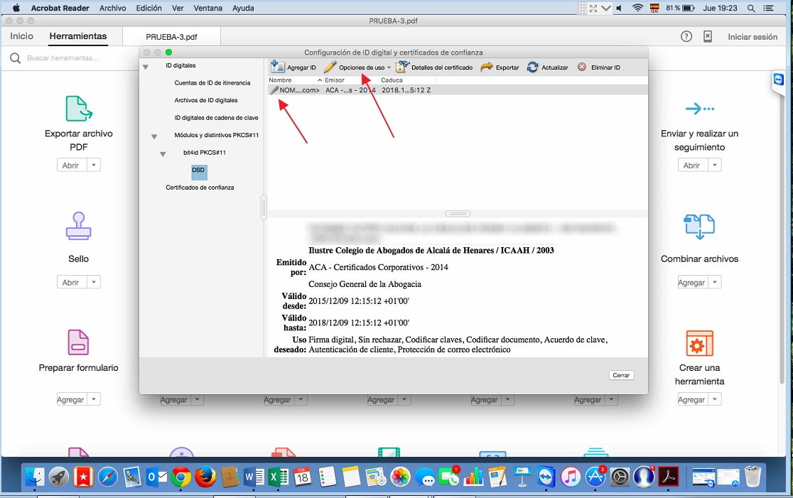 Opciones de uso de certificados Acrobat Reader DC MAC