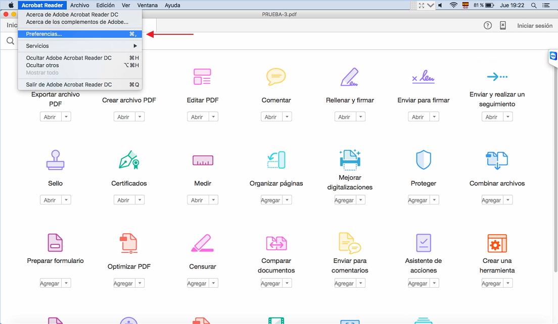 Preferencias Acrobat Reader Dc MAC