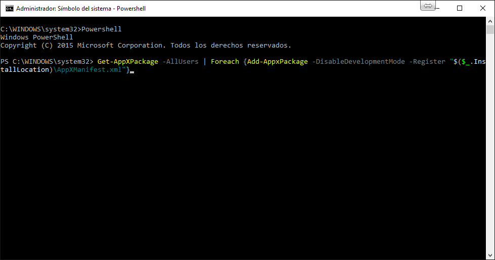 ejecutar comando en powershell para reparar menu de inicio de windows10