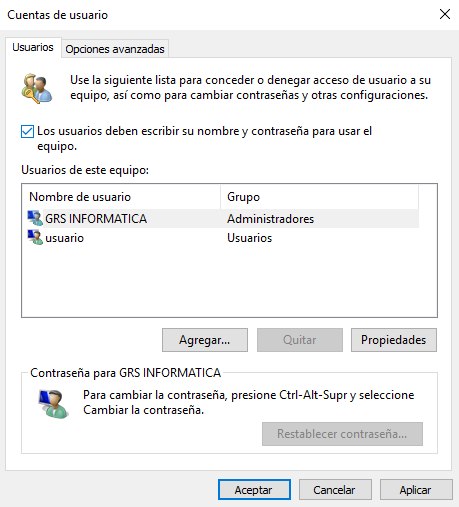 Panel cuentas de usuario avanzado windows