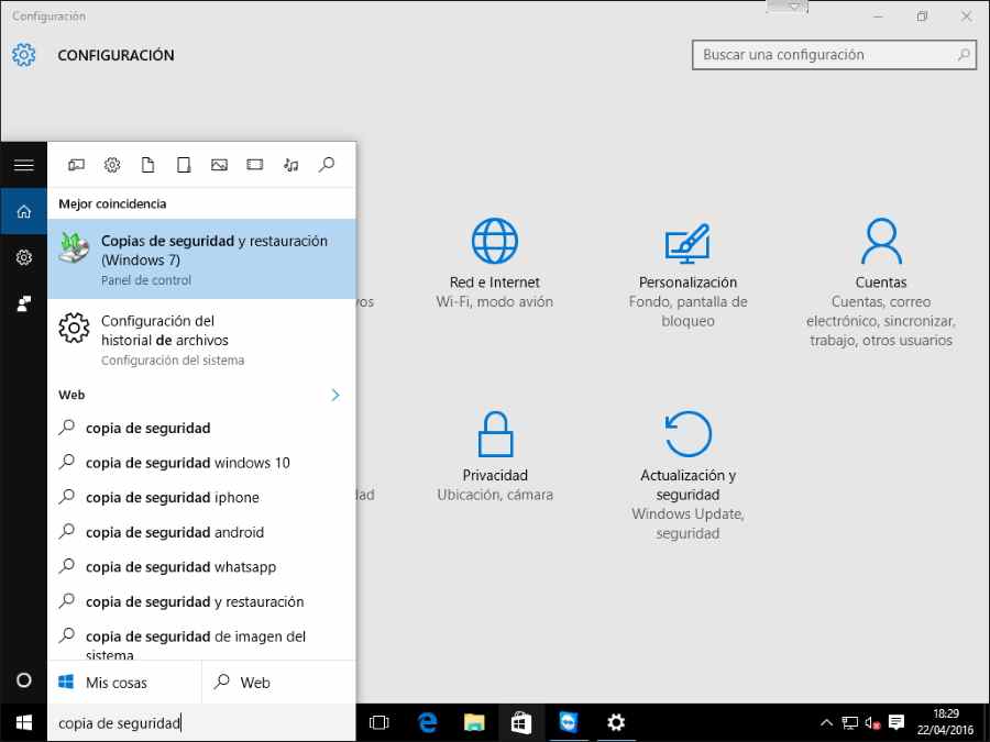 Buscar copia de seguridad y restauración para realizar copia de seguridad de windows o imagen del sistema
