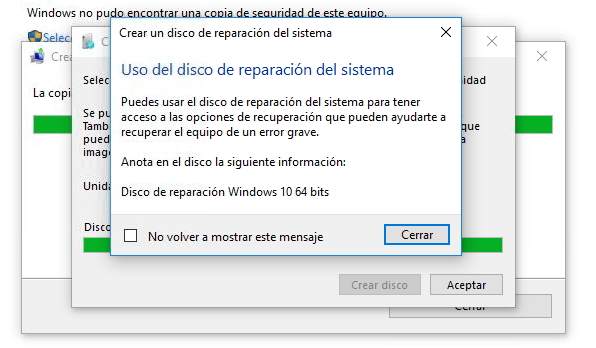Fin de creacion de disco de reparación del sistema