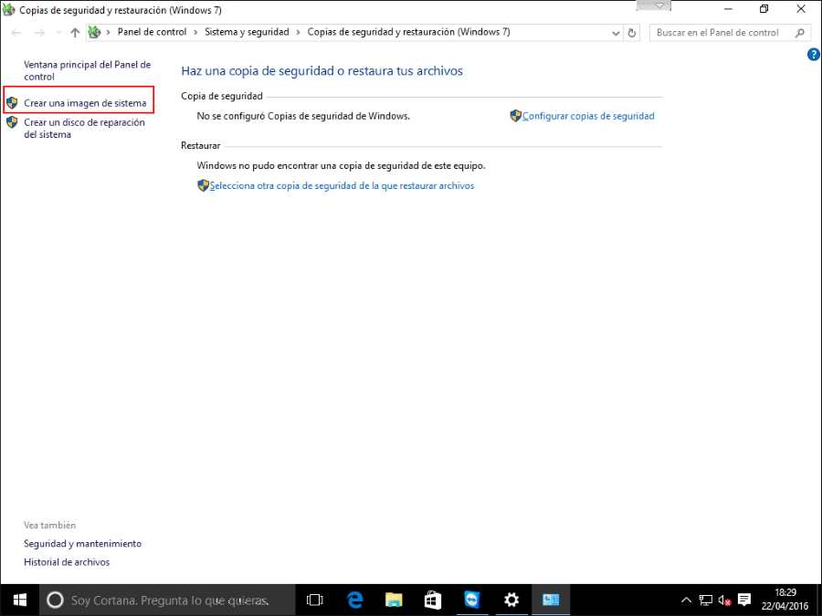 panel de control crear una imagen de sistema