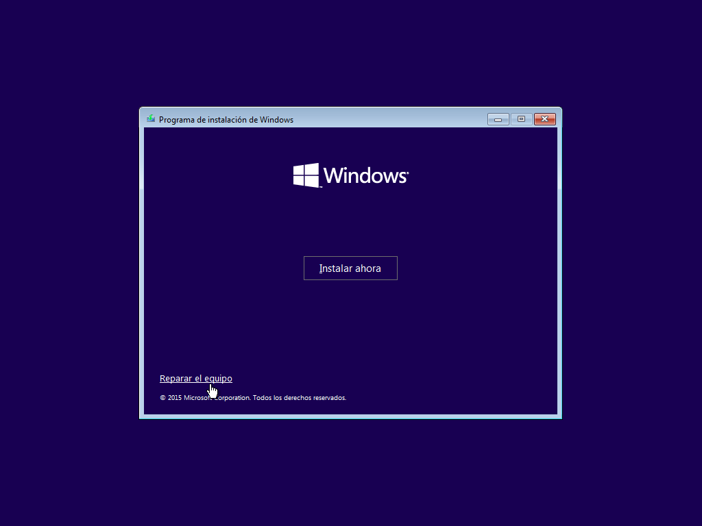 Pantalla de instalacion o reparacion de windows
