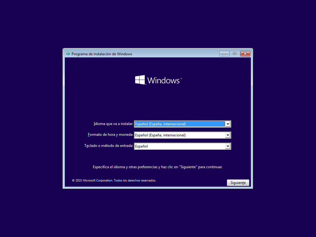 Primera Pantalla de instalación de windows