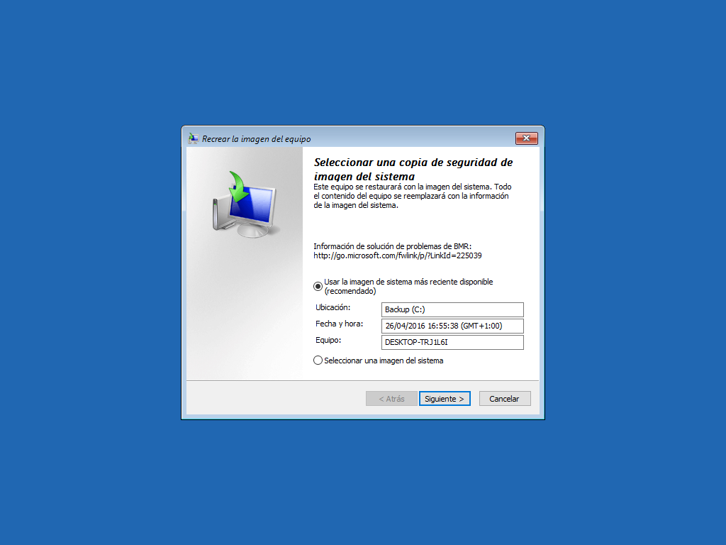 Selección de imagen de recuperación de windows