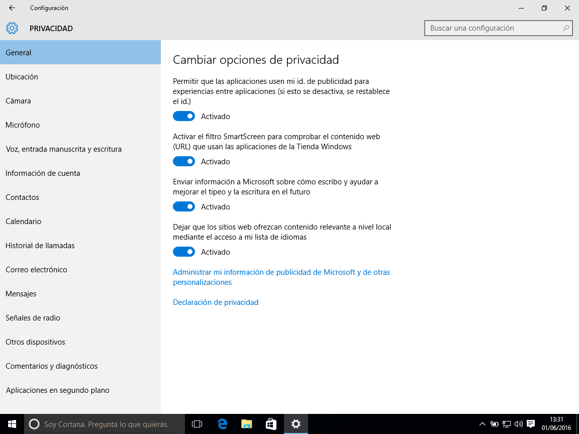Ajustar opciones de privacidad en windows 10
