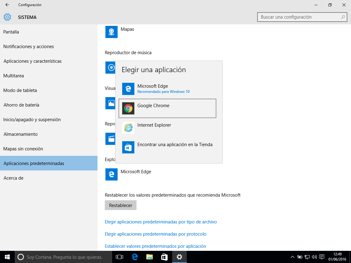 Seleción de explorador web por defecto en windows10
