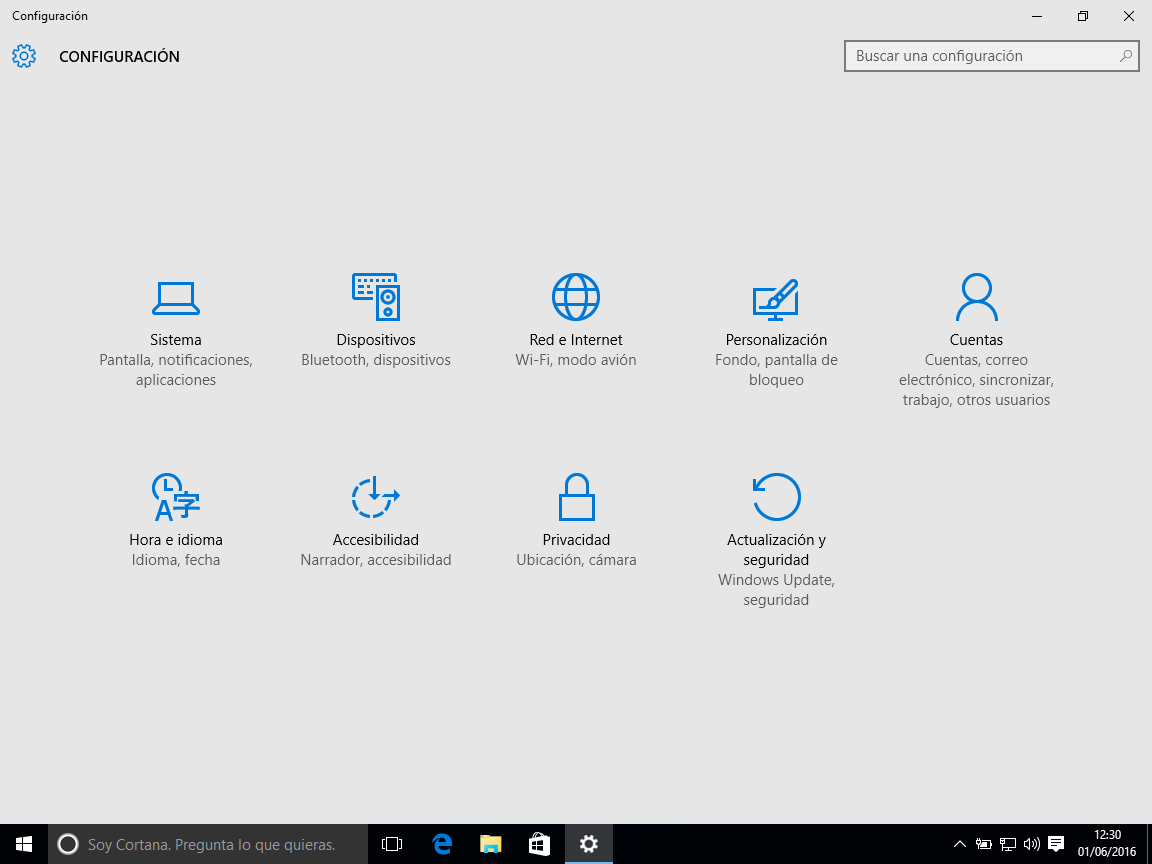 Vista principal del panel de windows 10
