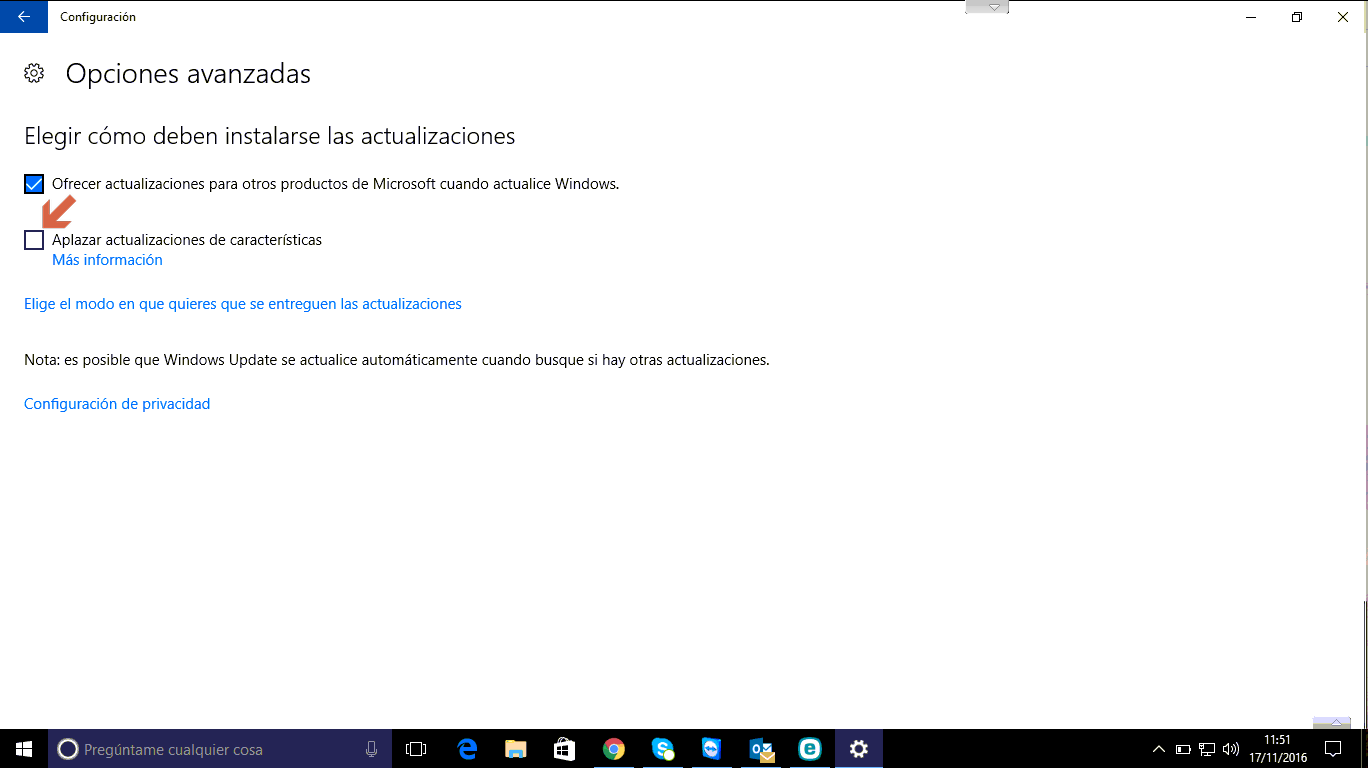 Panel actualizaciones opciones avanzadas windows 10